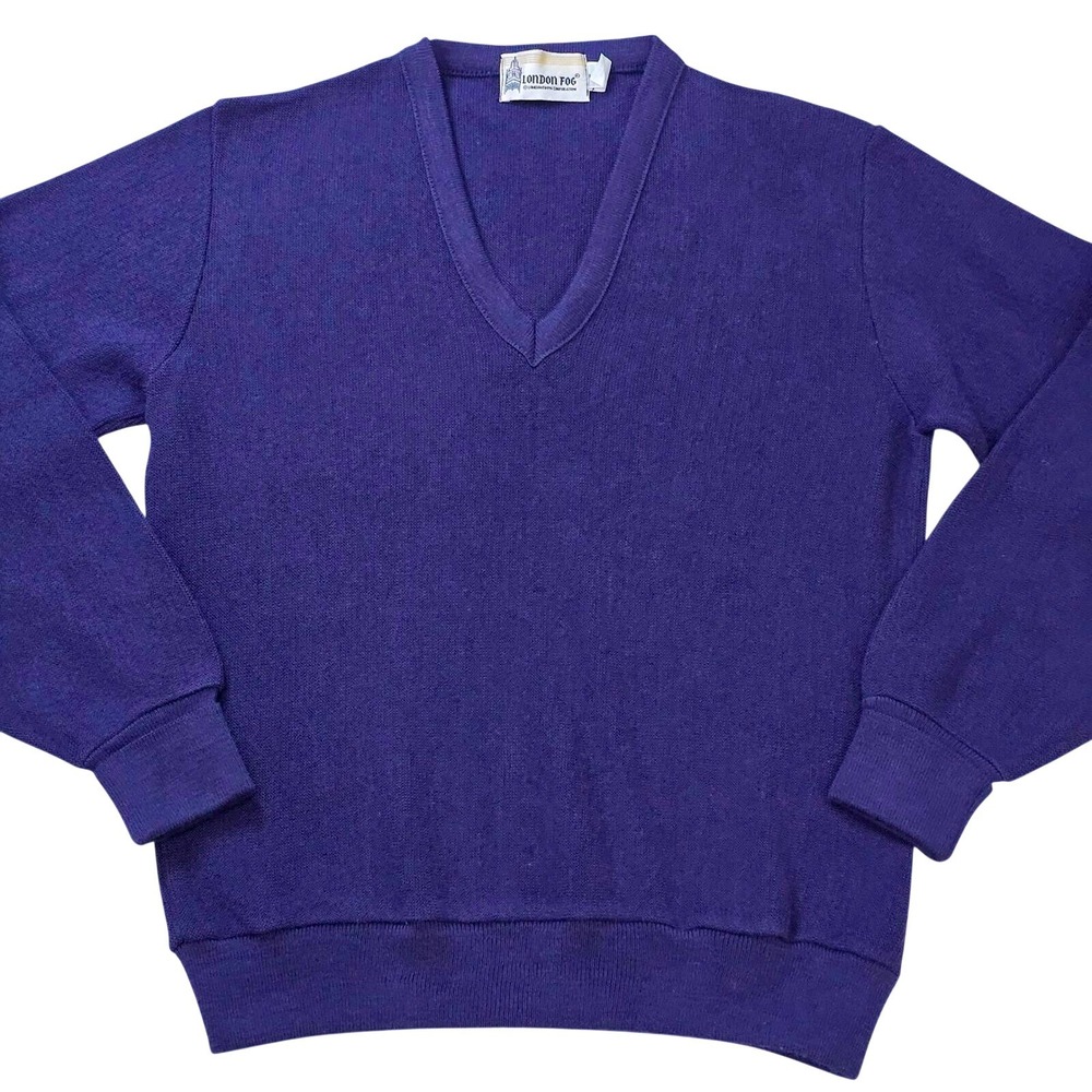 London Fog Men's Size Small V-Neck Sweater Deep Blue Made in USA Vintage 80s GVC